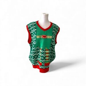 Elf XXL Ugly Christmas Sweater Vest Green and Red V-Neck Sweater Vest